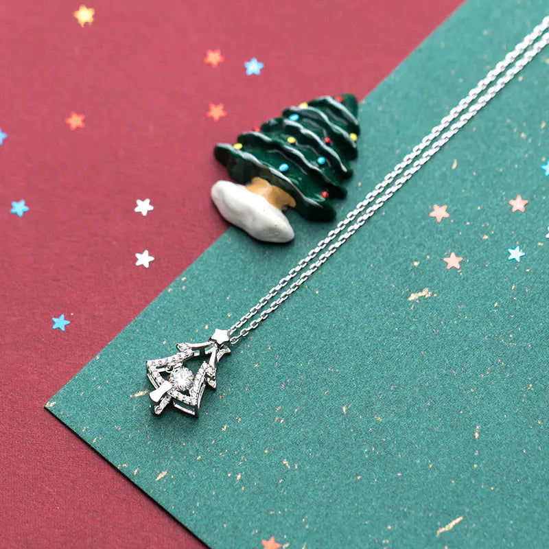 S925 Silver Necklace with Single Diamond Christmas Tree