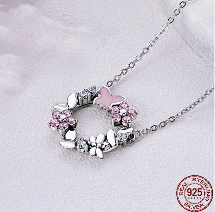 Floral Silver Necklace with Flower Wreath Design