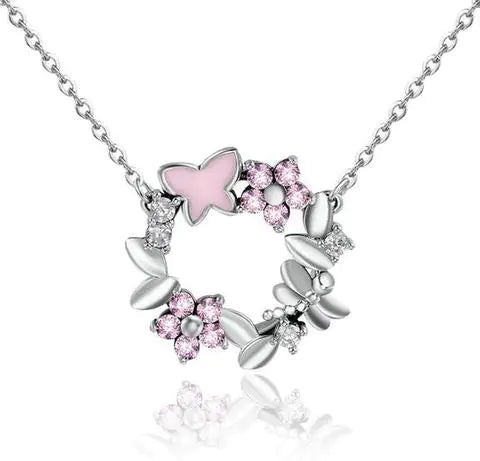 Floral Silver Necklace with Flower Wreath Design